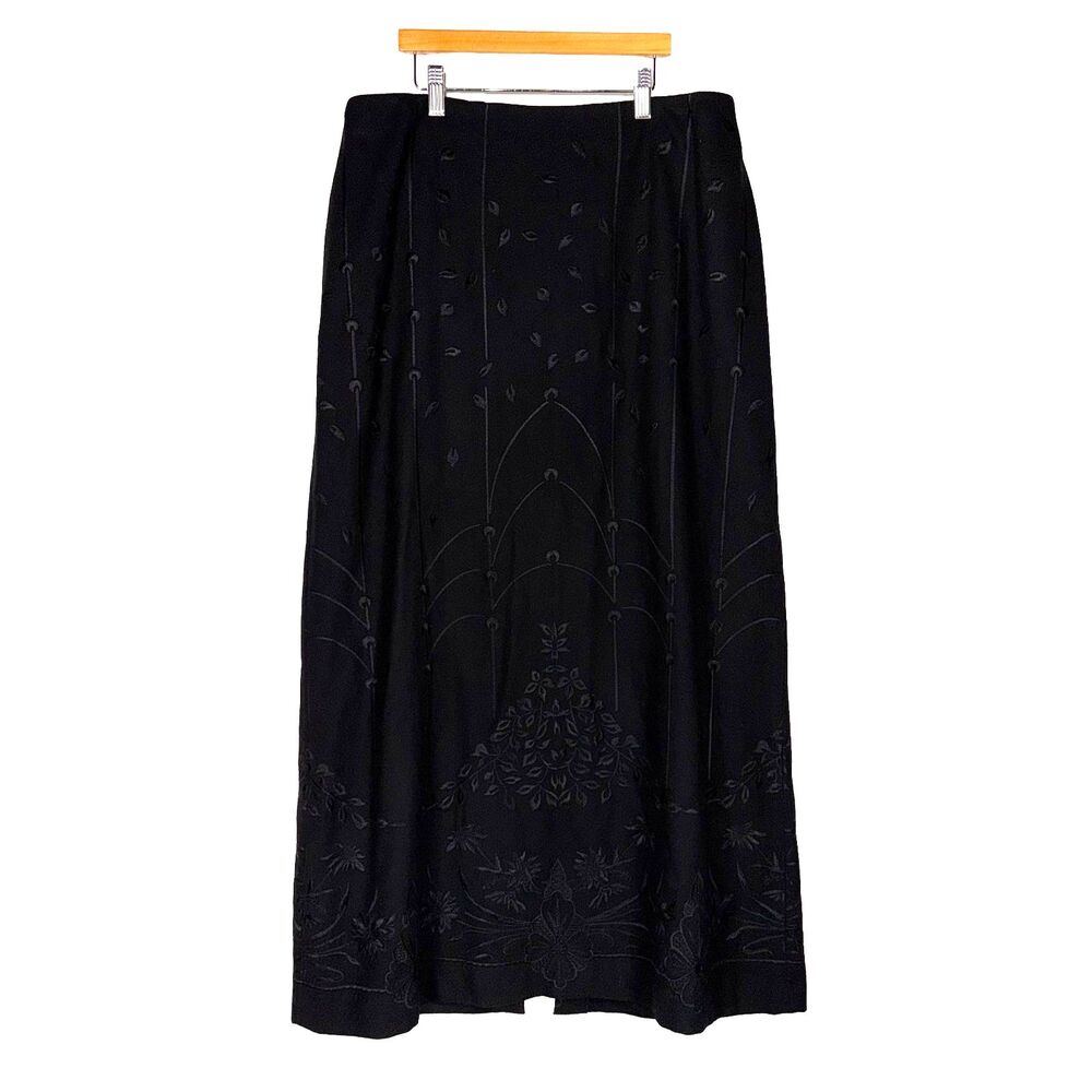 Talbots Black Embroidered Wool Blend Maxi Skirt 12P Petite Floral Full A Line